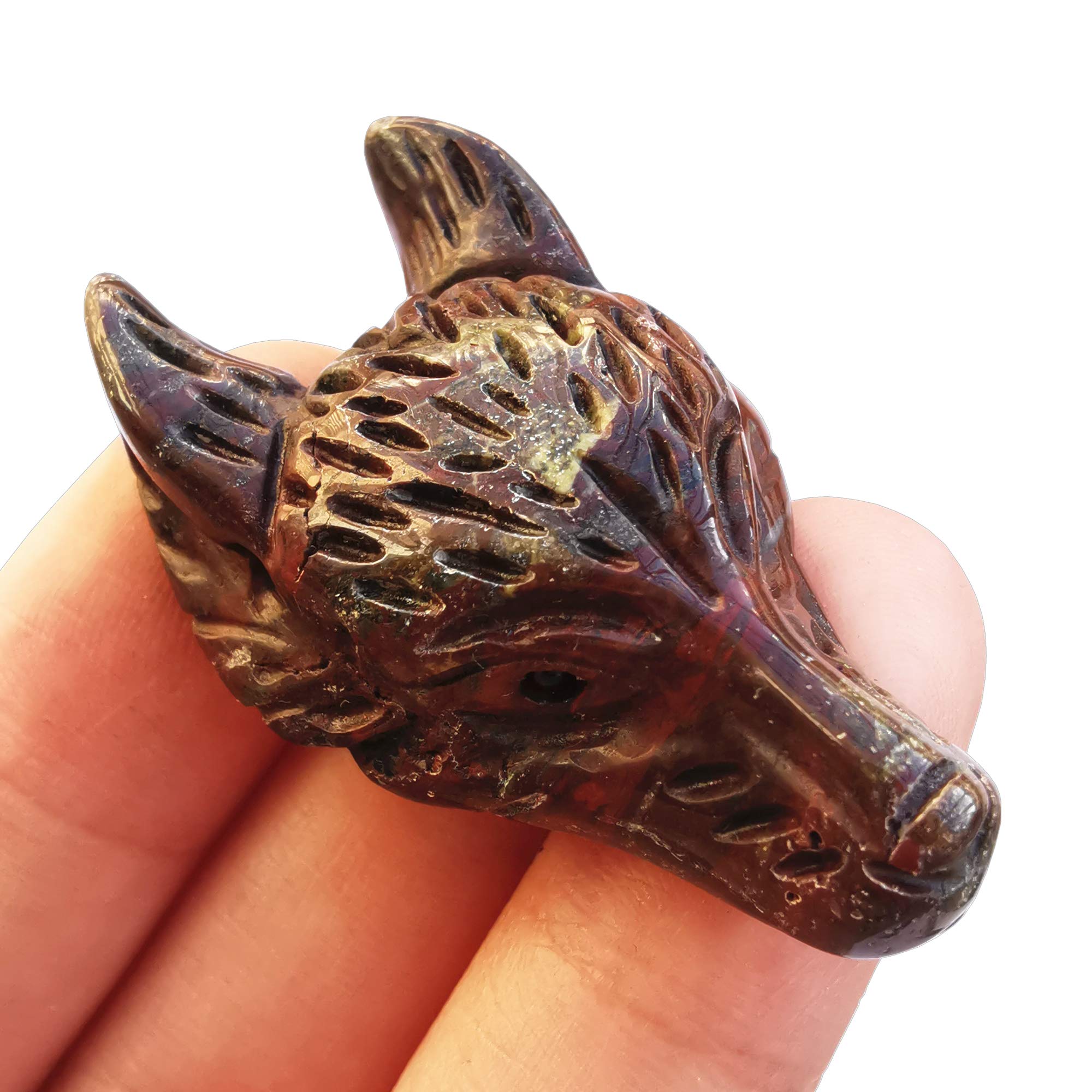 Manekieko Natural Dragon Blood Jasper 40mm Wolf Head Pocket Crystals and Healing Stone Figurine,Haped DIY-Jewelry Pendant