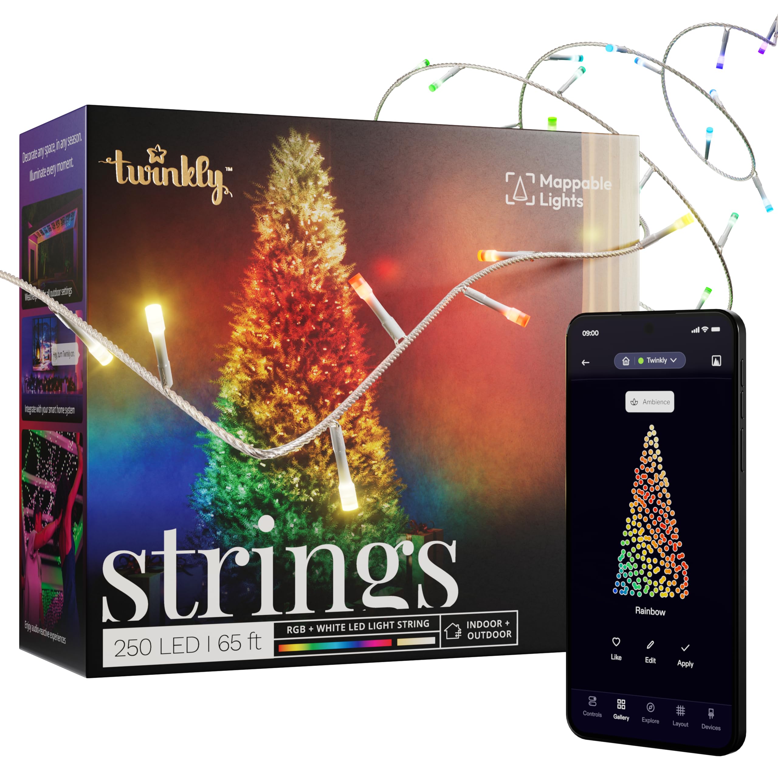 Twinkly Strings 250 LED RGB+ White, LED Light String, in- and Outdoor Smart Multicolor LED Lights, Mappable LEDs, Compatible with Alexa and Google Home, IP44, Transparent Wire, 20m — image 1