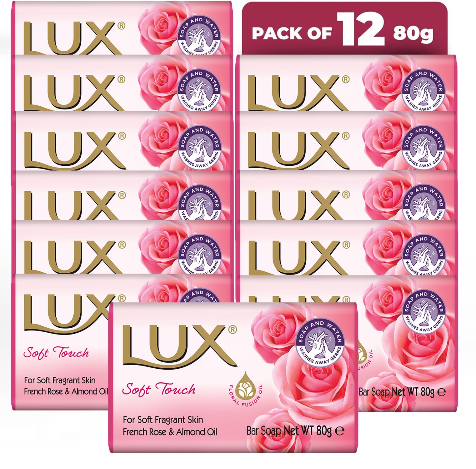 LUX Soft Touch Soap Bar, French Rose & Almond Oil, For Soft Fragrant Skin, 80g (12 Pack)