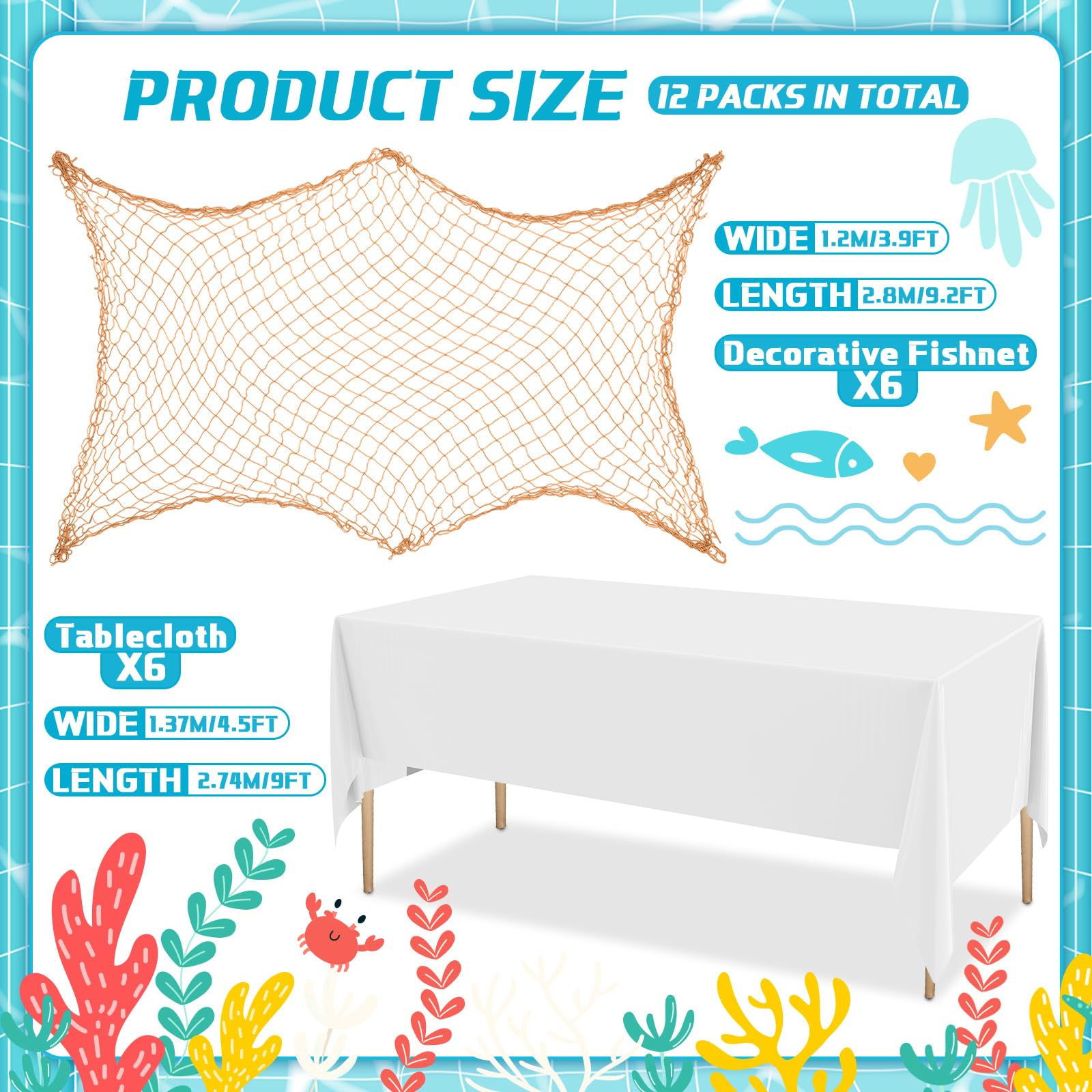 Condition photo showing New/Like New for oudain 12 pcs fish net tablecloth decorations set cotton fishnet decorations rectangle plastic table