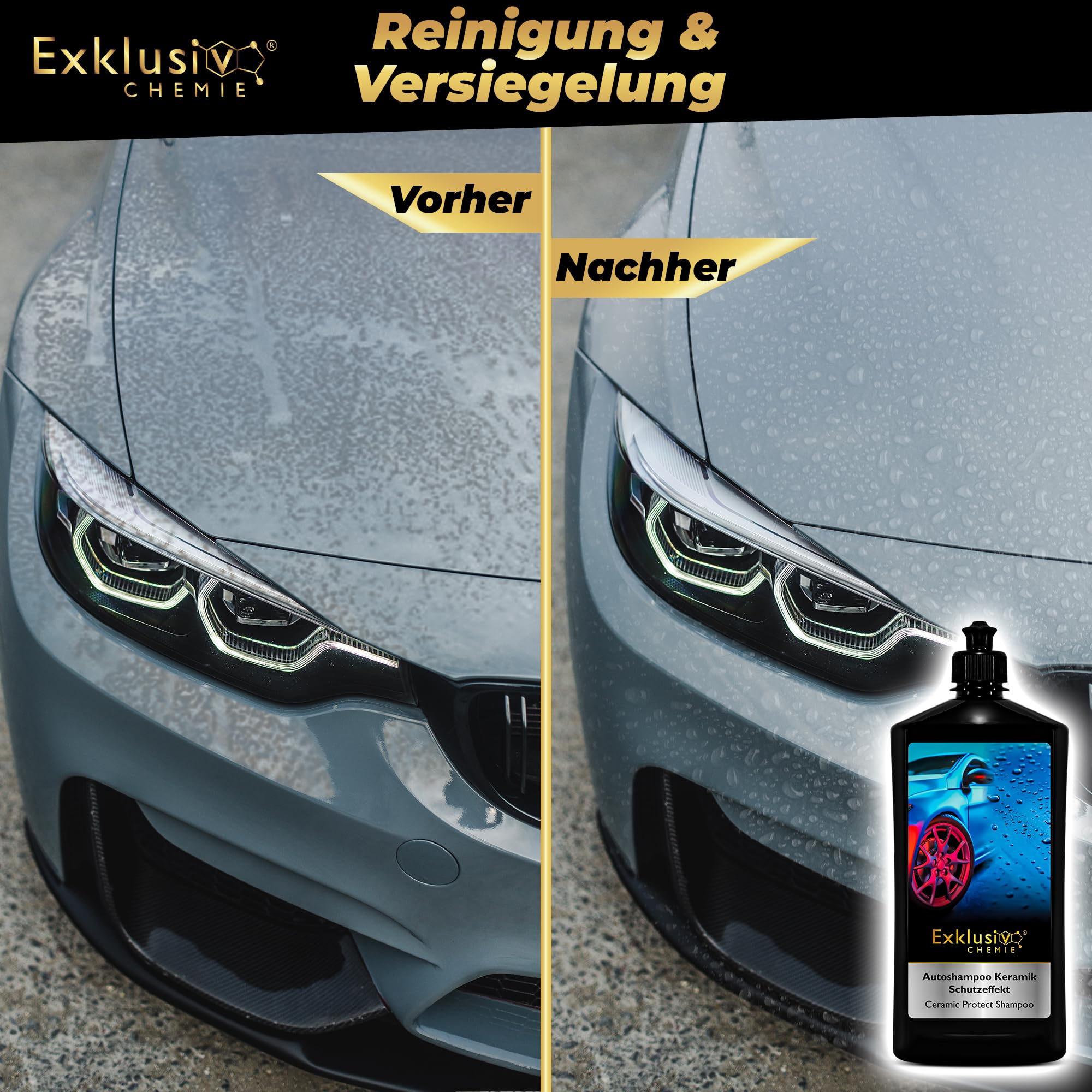 Exklusiv Chemie® Autoshampoo Keramik Schutzeffekt 750ml | Auto Shampoo Konzentrat mit Abperleffekt | Auto Reiniger mit Keramik Versiegelungseffekt | Wasser & Schmutzabweisend für alle Auto Außenteile 3