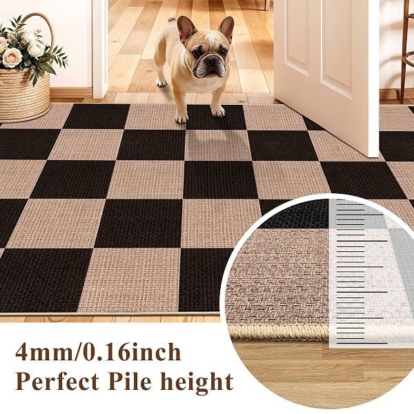 CHECKERED 3X5 NO SHED JUTE RUG: MACHINE WASHABLE NON SLIP RUGS FOR ENTRYWAY FRONT PORCH KITCHEN – DOOR MAT AREA RUG FARMHOUSE NEUTRAL NON SHEDDING – CARPET FOR BEDROOM LIVING ROOM (BLACK,3X5)