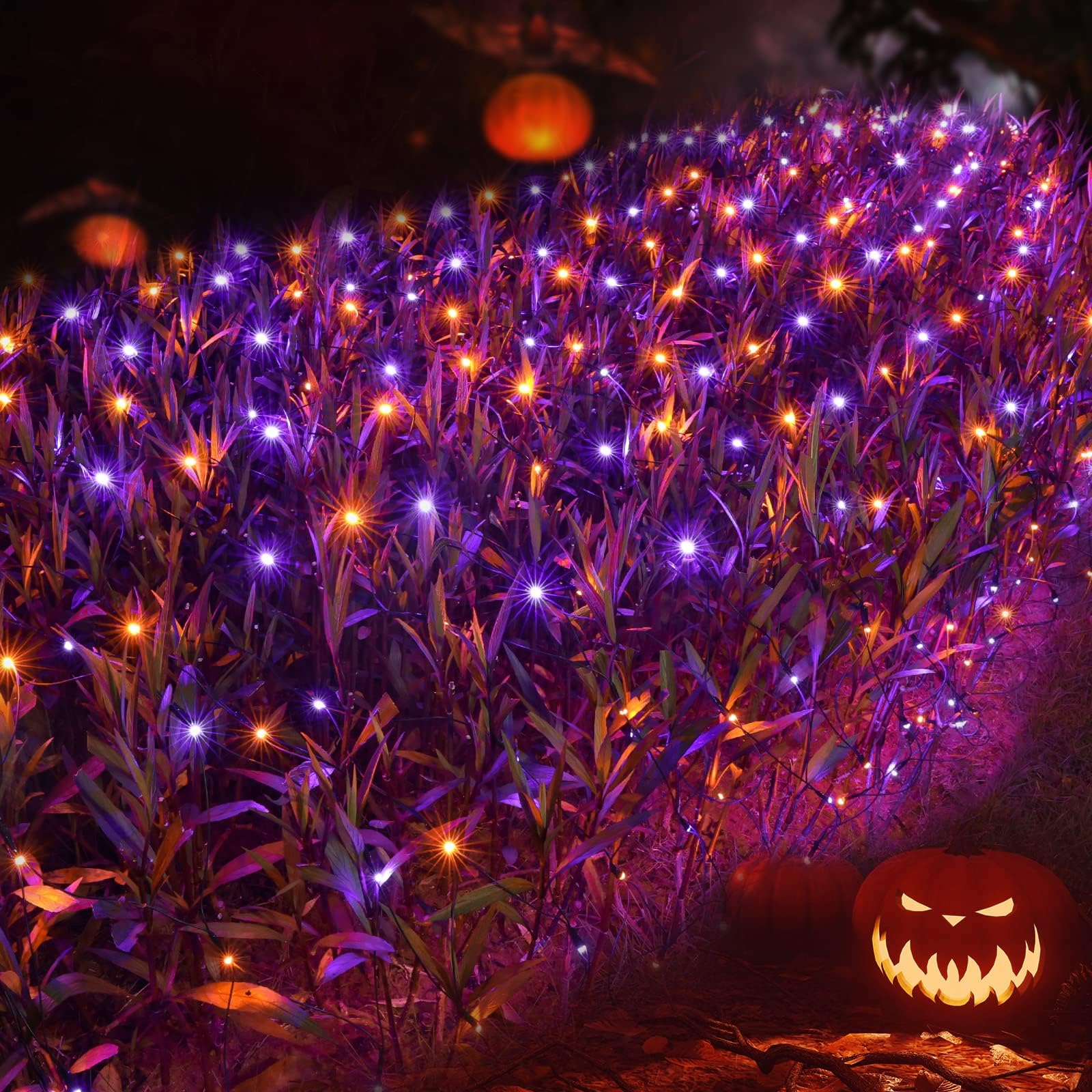 Photo 1 of Joomer 12ft x 5ft 360LED Orange Purple Halloween Net Lights Outdoor Mesh lights, 8 Modes Timer Connectable Waterproof Bush Lights Mesh Netting Lights for Halloween Outdoor Decorations (Green Wire)