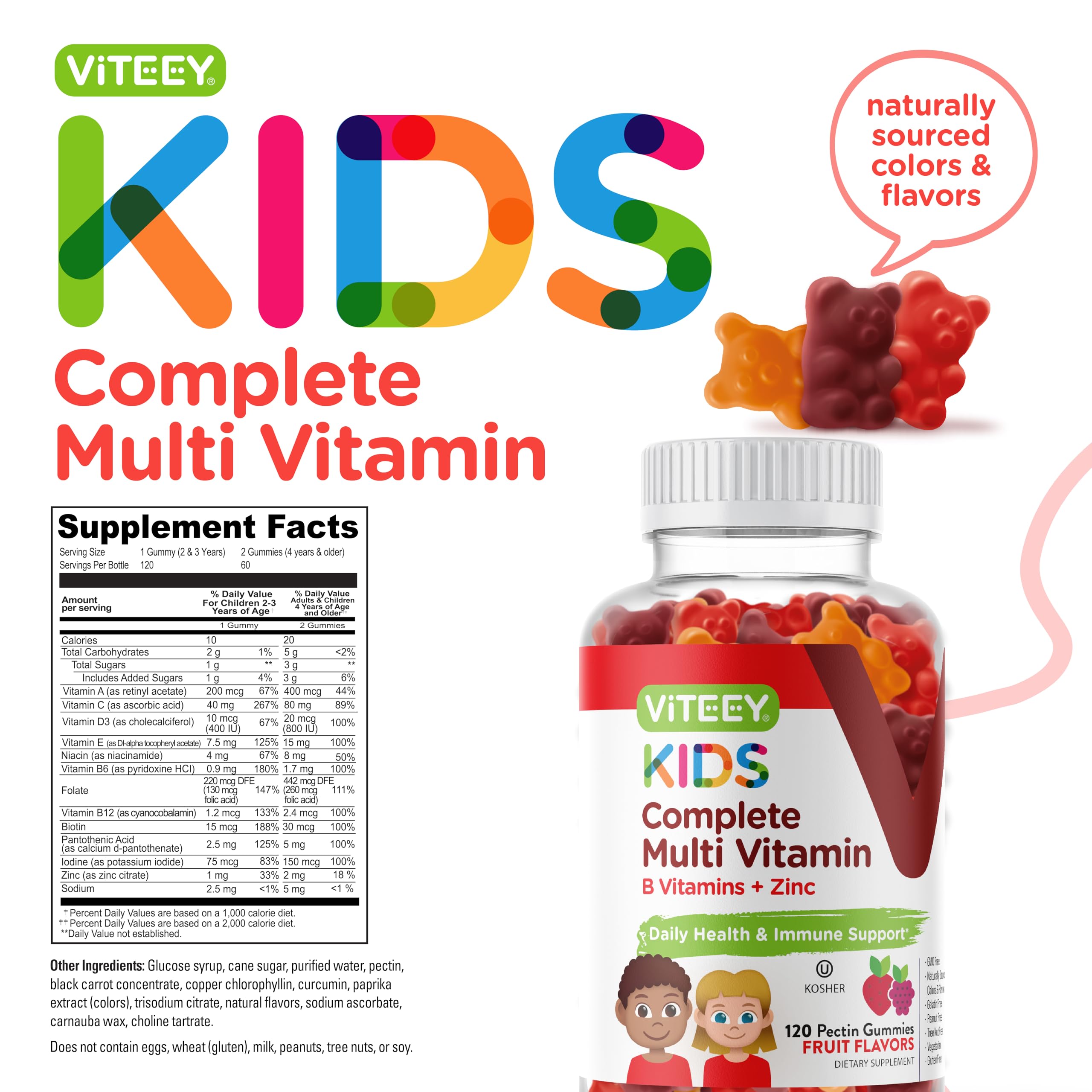 Viteey Kids Multivitamin Gummies, Complete Daily Essential Kids Vitamins - Great for Immune Support & Overall Health - 12 Essential Minerals & Vitamins - Vegetarian, Gelatin Free- Fruit Flavor Gummy