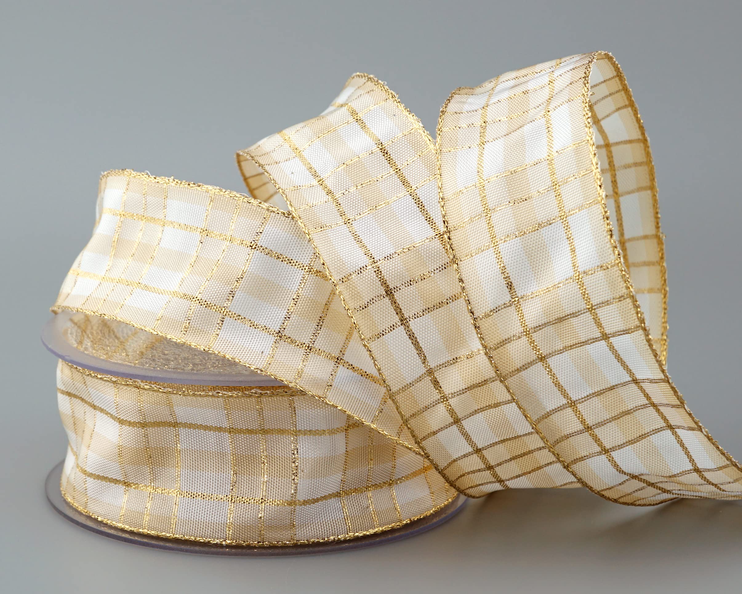 20 m x 40 mm Christmas Ribbon White Cream Gold (103) with Lurex Wired Edge Ribbon Decorative Ribbon Gift Ribbon Tartan Shiny Ribbon Gold Edge Wire Ribbon Winter Christmas Check