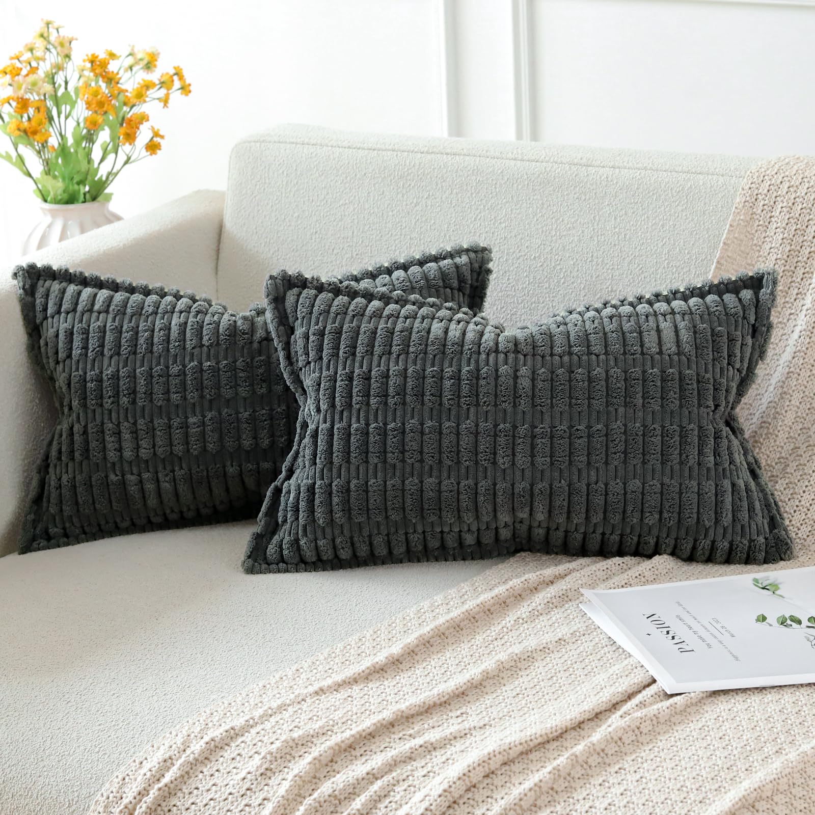 Artscope Dark Gray Cushion Covers Set of 2 Corduroy Decorative Square Striped Pillowcase with Stitched Edge Pillow Covers 30x50cm for Home Decor Sofa Bedroom Car — image 1