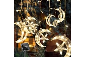 ILLUMINEW Solar Moon and Star String Lights for Ramadan, 138 LED Ramadan Decorations Outdoor Twinkle Lights, 8 Lighting Modes Curtain Hanging Lights for Outside, Warm White (Solar Powered)