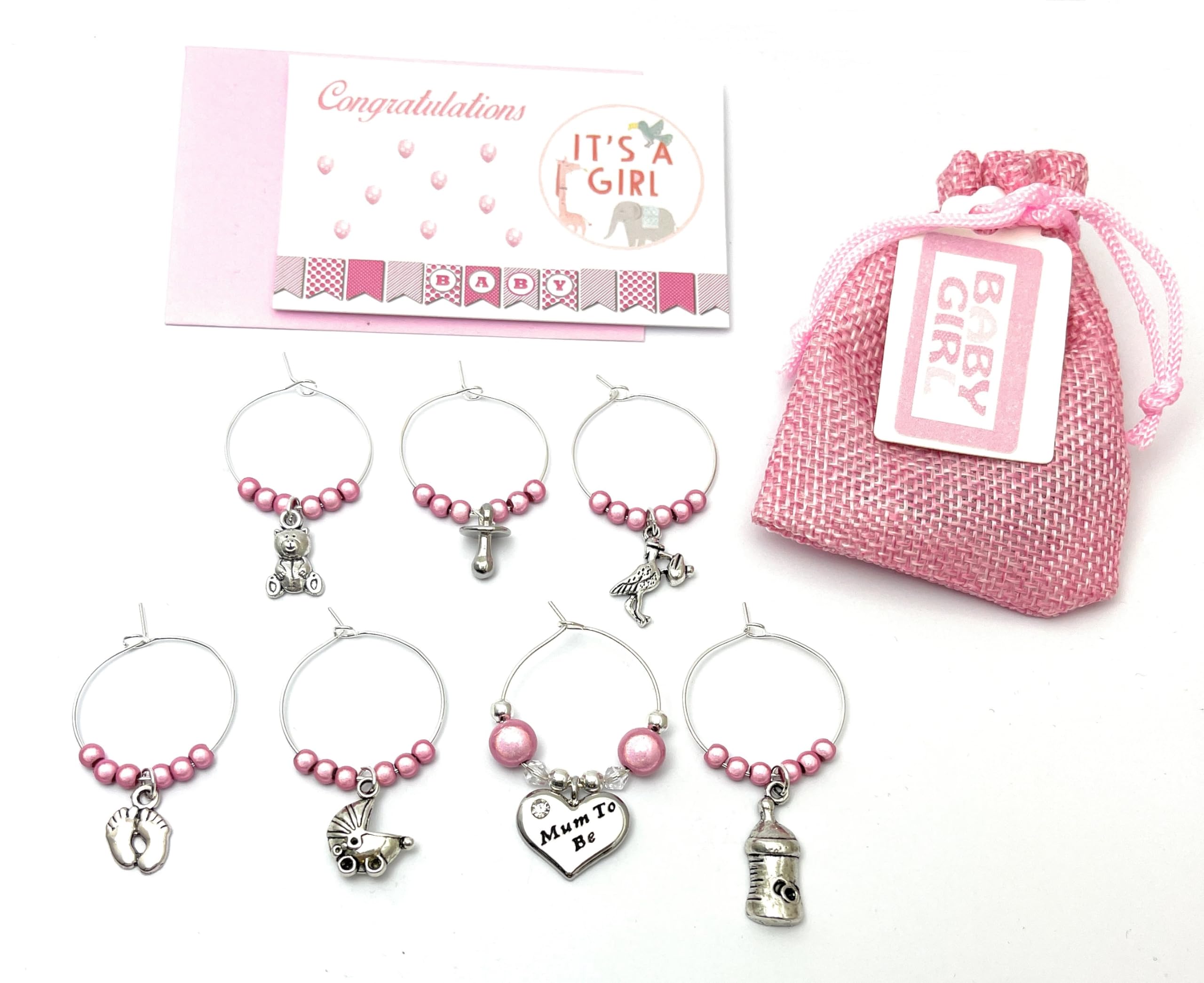 Libby's Market Place It's a Girl Baby Shower Glass Charms with Pink Gift Bag