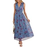 ANRABESS Womens Summer Floral Dress V Neck Sleeveless A Line Wedding Guest Maxi Tulle Dresses Casual Beach Vacation Clothes