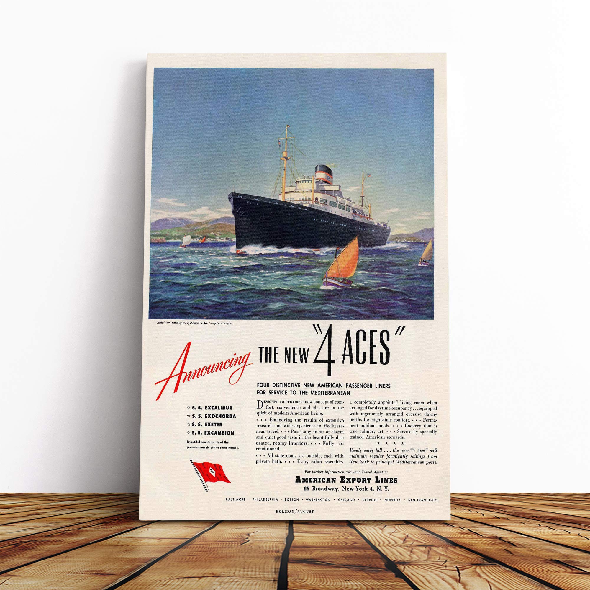 Travel Poster Cunard Line Canvas Print | Gallery Wrapped 30mm Frame Wall Art | 20x14 inches | Ready to Hang | Retro Picture | Living Room Bedroom Lounge Office