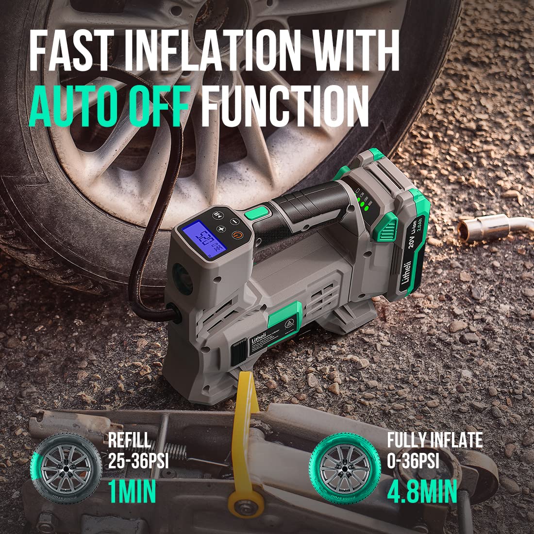 Litheli 20V Air Compressor Tire Inflator, Portable Pump for Car, Bike, Sports Ball, Battery Powered with Digital Pressure Gauge, 3 Nozzle Adapters, 150 PSI, Includes 2.0Ah Battery & Charger