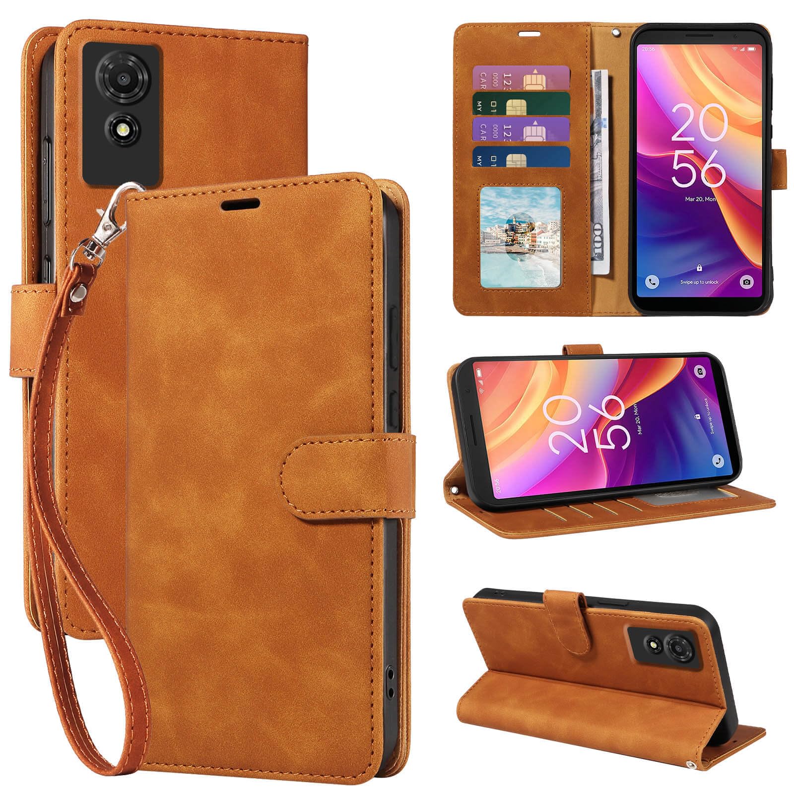 GOTOURED for TCL 501 Phone Case Wallet, RFID Blocking 4 Card Slots, Wrist Strap, Kickstand, Magnetic Closure, Shockproof Protective Soft Leather Flip Cover (Brown)