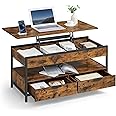 VASAGLE Lift Top Coffee Table with Storage Drawers, Coffee Table for Living Room with Lifting Top, Hidden Compartments and Open Shelf, Rustic Brown and Ink Black ULCT209K01