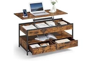 VASAGLE Lift Top Coffee Table with Storage Drawers, Coffee Table for Living Room with Lifting Top, Hidden Compartments and Op