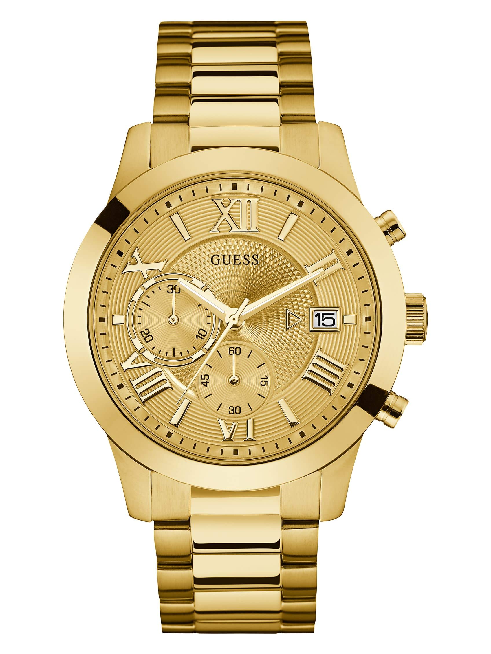 Reloj GUESS con pulsera cronógrafo de acero inoxidable en tono dorado y fecha. Color: Tono dorado (Modelo: U0668G4)