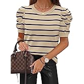SAMPEEL Short Puff Sleeve Sweaters for Women Knit Tops 2026 Trendy Crewneck Striped T Shirts Casual Summer Blouses