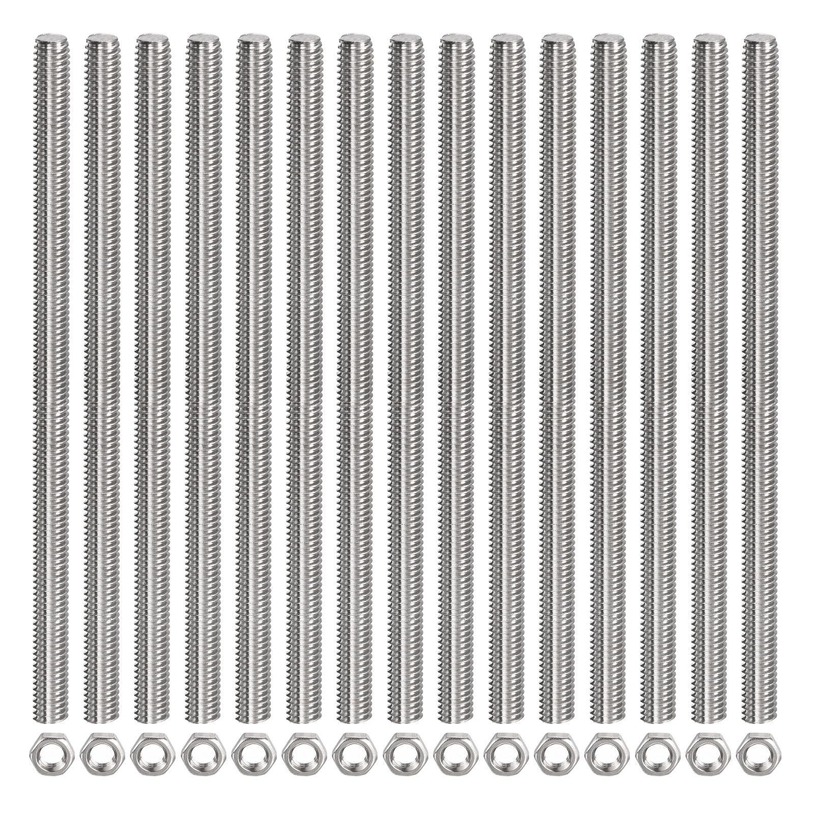 Rebower Fully Threaded Rod (with 15 Pcs Hex Nuts),Stainless Steel Fully Threads Studs[for Assembly Fastening] - M6 x 200mm,1mm Pitch/ Silver/ 15 Pcs