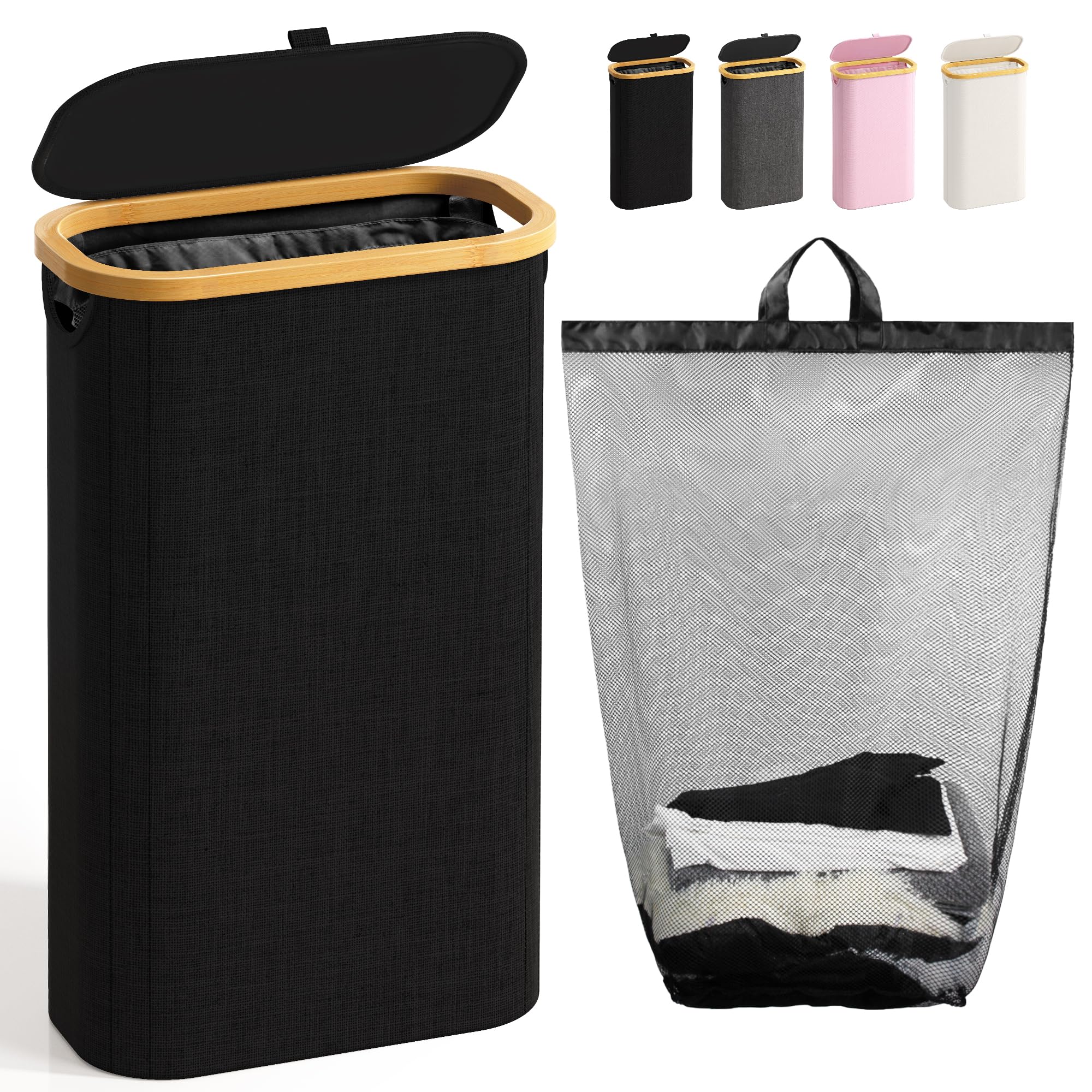 75L Slim Laundry Hamper with Lid, Dirty Clothes Hampers for Laundry, Collapsible Laundry Baskets for Small Spaces, Bedroom, Bathroom, Laundry Room, Black