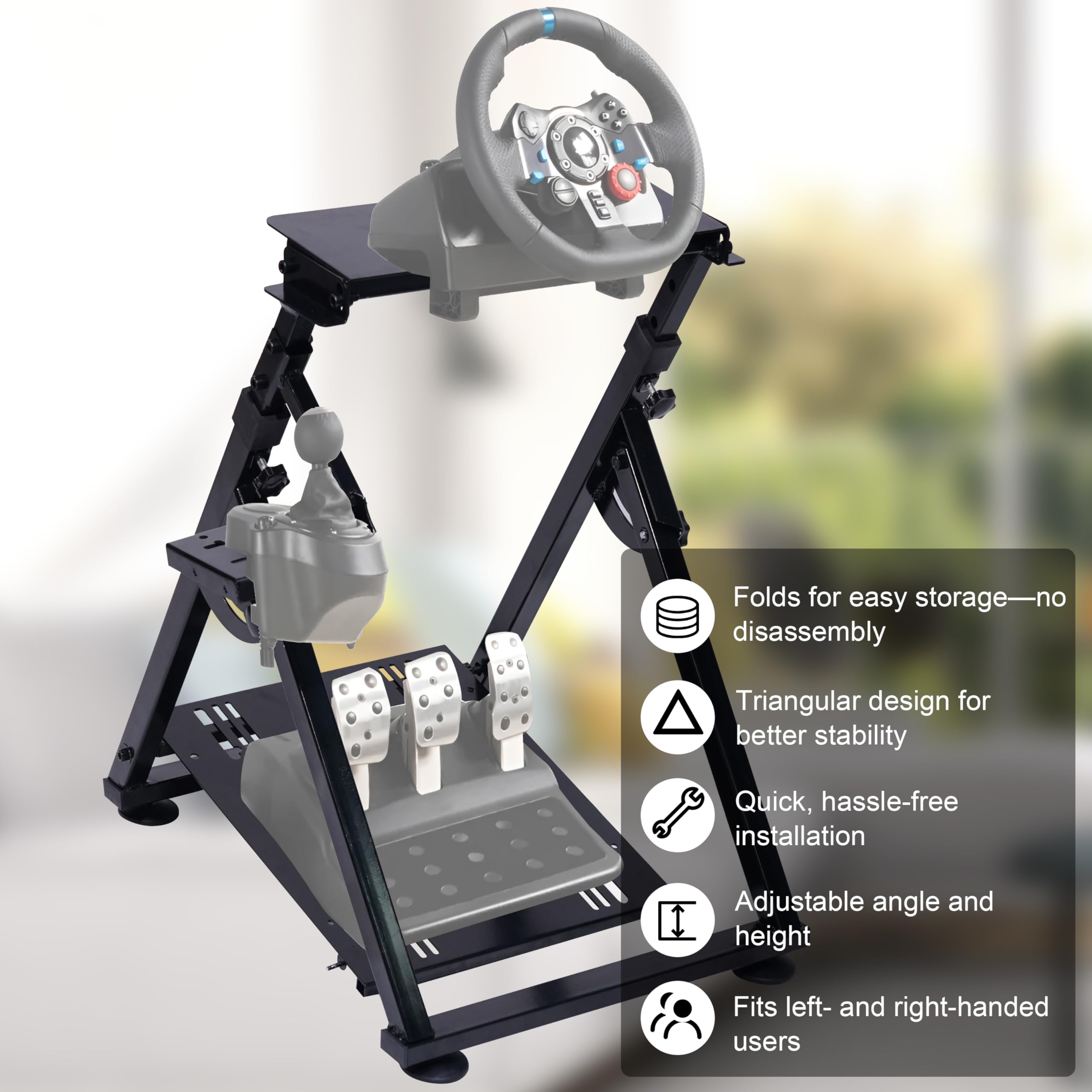 PLLOVOR racing wheel stand Foldable with Triangular Base, Adjustable Height and Angle, Handbrake Compatible for Logitech G27 G29 G920 G923, Thrustmaster T300 T248, Fanatec Racing Simulator Cockpit