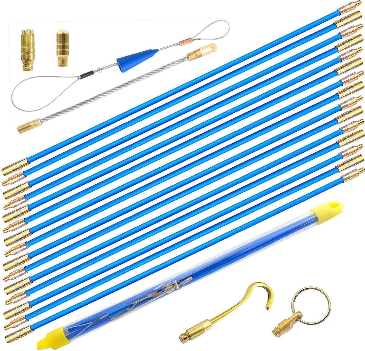 50' Fiberglass Electrical Connectable Fish Tape Pull Kit, Cable Rod Set with Hook and Hole Kit in Transparent Tube (Blue, 15Rods x 1M)
