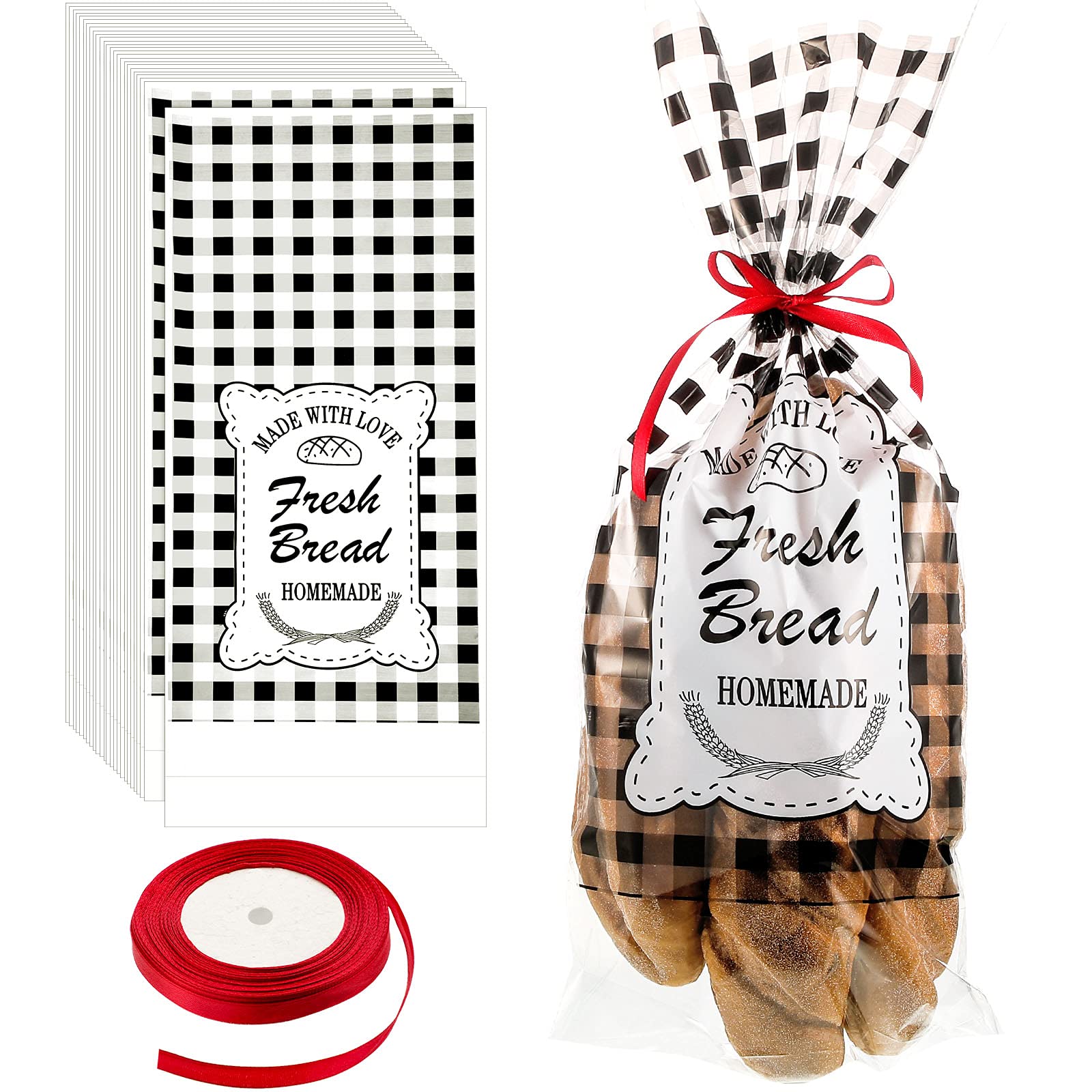 Photo 1 of Zonon 100 Pieces Plastic Bread Bags with 1 Roll Tie Ribbon Large Transparent Clear Bakery Wrapping Buffalo Plaid Grocery Christmas Bread Bags for Homemade Baking Daily Use, 18 x 8 Inch