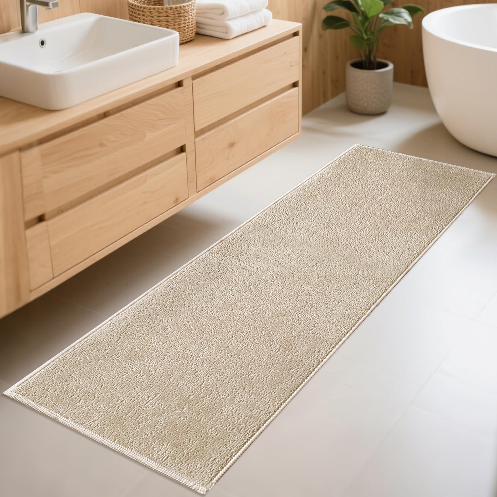 Photo 1 of Bilimili Bathroom Runner Rugs, Thin Absorbent Non-Slip Bath Mat, Quick Dry Low Pile Mats for Bathroom Floor Front of Bathtub,Shower Room,Sink,24"×60",Light Coffee