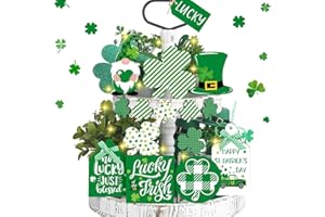 15 Pieces Wooden Shamrock Luck Tiered Tray Signs with Lights, St. Patricks Day Tiered Tray Decor Trefoil Theme Tabletop Table