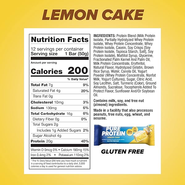 PURE PROTEIN PURE PROTEIN BARS, HIGH PROTEIN, NUTRITIOUS SNACKS TO SUPPORT ENERGY, LEMON CAKE, 12 COUNT, 12 COUNT