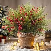 Grunyia 90 PCS Artificial Pine Branches Cedar Stems with Red Holly Berries - Perfect Faux Pine Greenery Stems for Christmas Tree, Wreath & Garland DIY Crafts Holiday Home Decoration