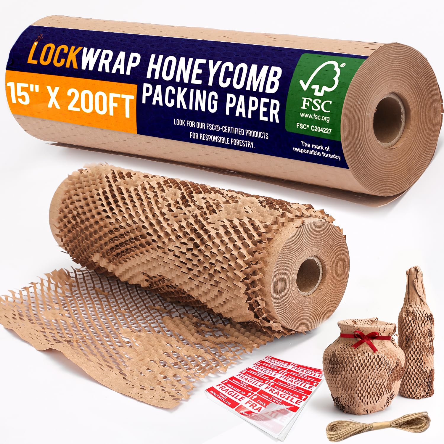 Honeycomb Packing Paper For Moving 12" x 200ft With Rope & Fragile Stickers