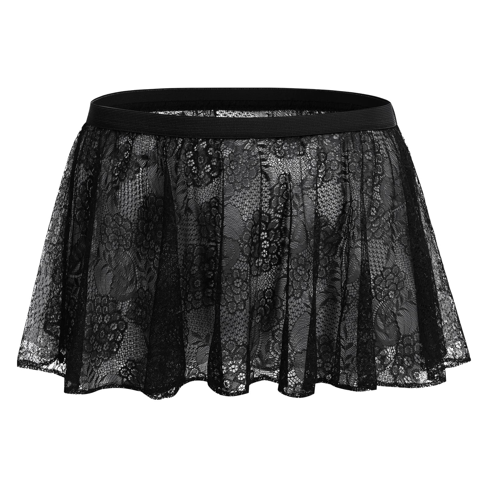 Photo 1 of ABAFIP Sissy Skirts for Men Crossdressing Lingerie Sheer Lace Floral Flared Pleated Micro Mini Skirt Nightwear Underwear Black One Size