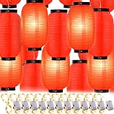 Traditional Japanese Style Red Silk Hanging Lantern Set, 24 Pcs | Including Paper Lanterns Japanese Decorations and Lights, Chinese New Year Luna Festival Party Decoration, DIY Crafts