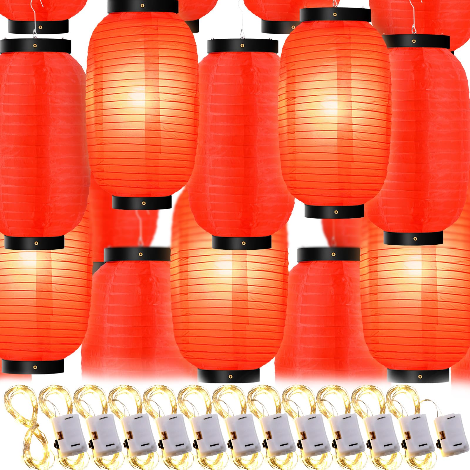 Photo 1 of 24 Pcs Traditional Japanese Style Red Silk Hanging Lantern Set Including 12 Pcs Paper Lanterns Japanese Decorations and 12 Lights for Chinese New Year Luna Festival Party Decoration DIY Crafts