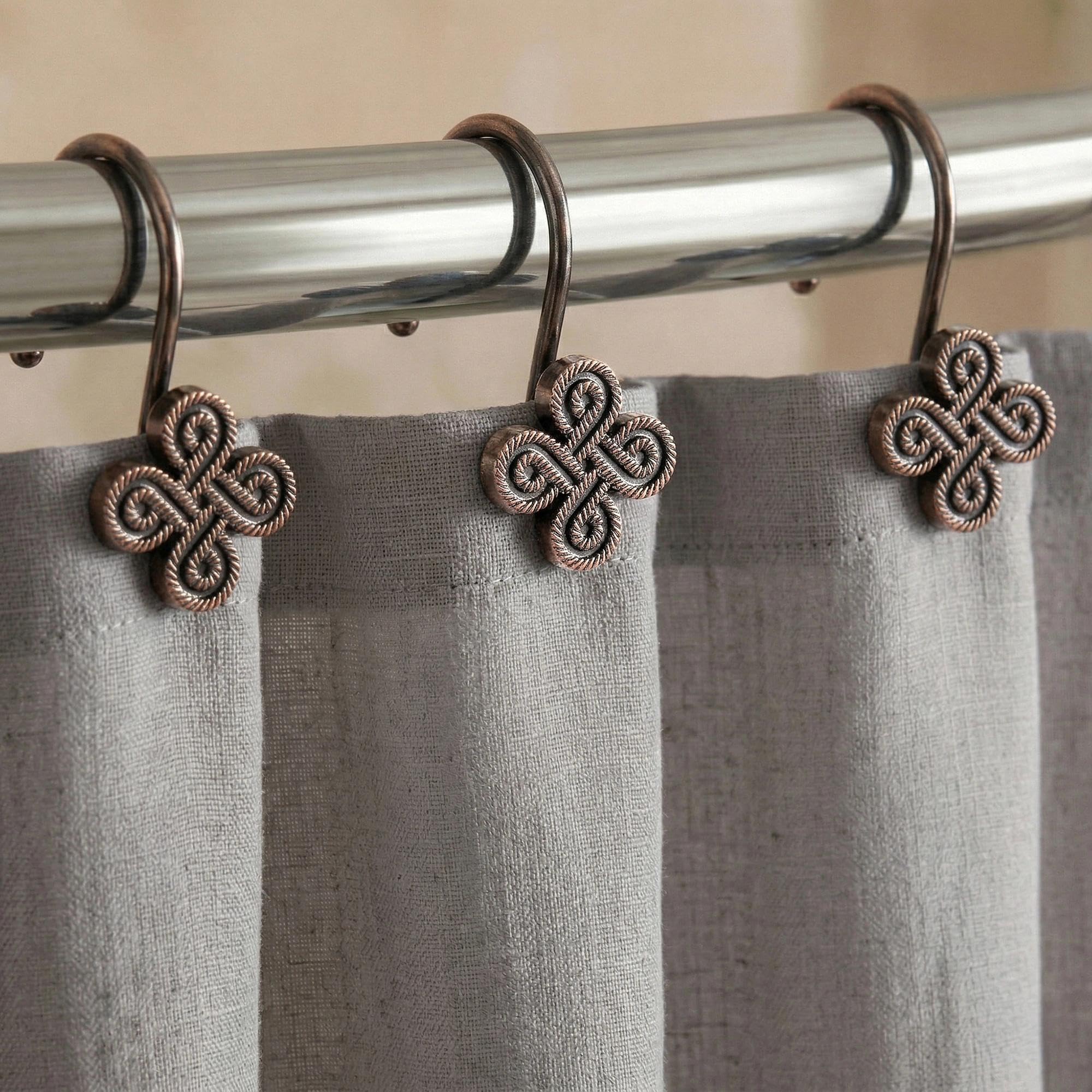 Bronze Decorative Shower Curtain Hooks: Oil Rubbed Rustproof Metal Rings for Shower Curtain Rod - Rustic Vintage Flower Clover Shaped Shower Curtain Hooks Hangers for Bathroom - Set of 12