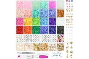 Gionlion 9000 Pcs 3mm Glass Seed Beads for Jewelry Making,24 Colors Seed Beads Friendship Preppy Bracelet Making Kit with Letter Beads Charms Kit and Elastic Strings