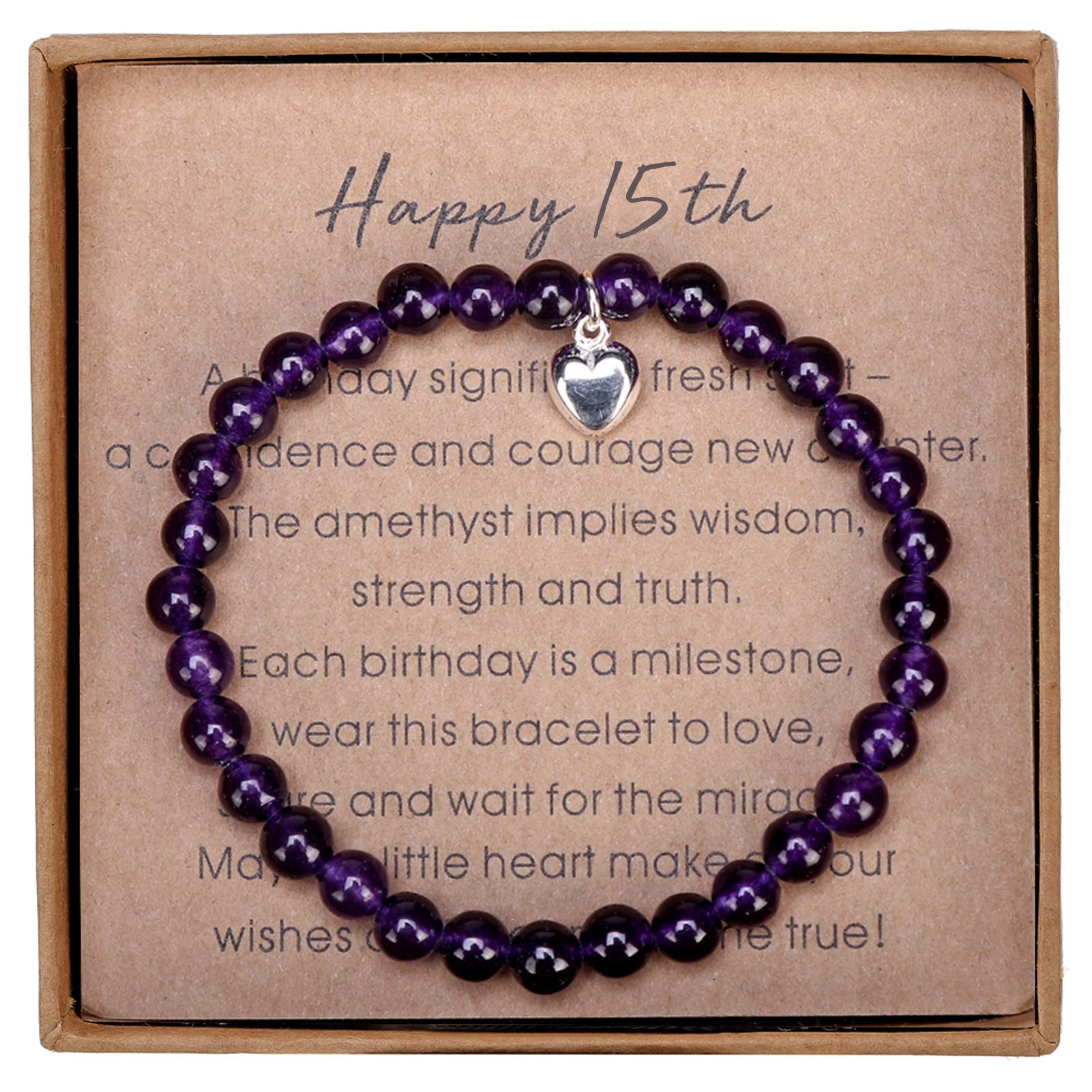 Giuesytic 15 Year Old Girl Gifts for Birthday Amethyst Bead Bracelet with Sterling Silver Heart Charm 15th Birthday Gifts for Teen Girls with Card and Gift Box