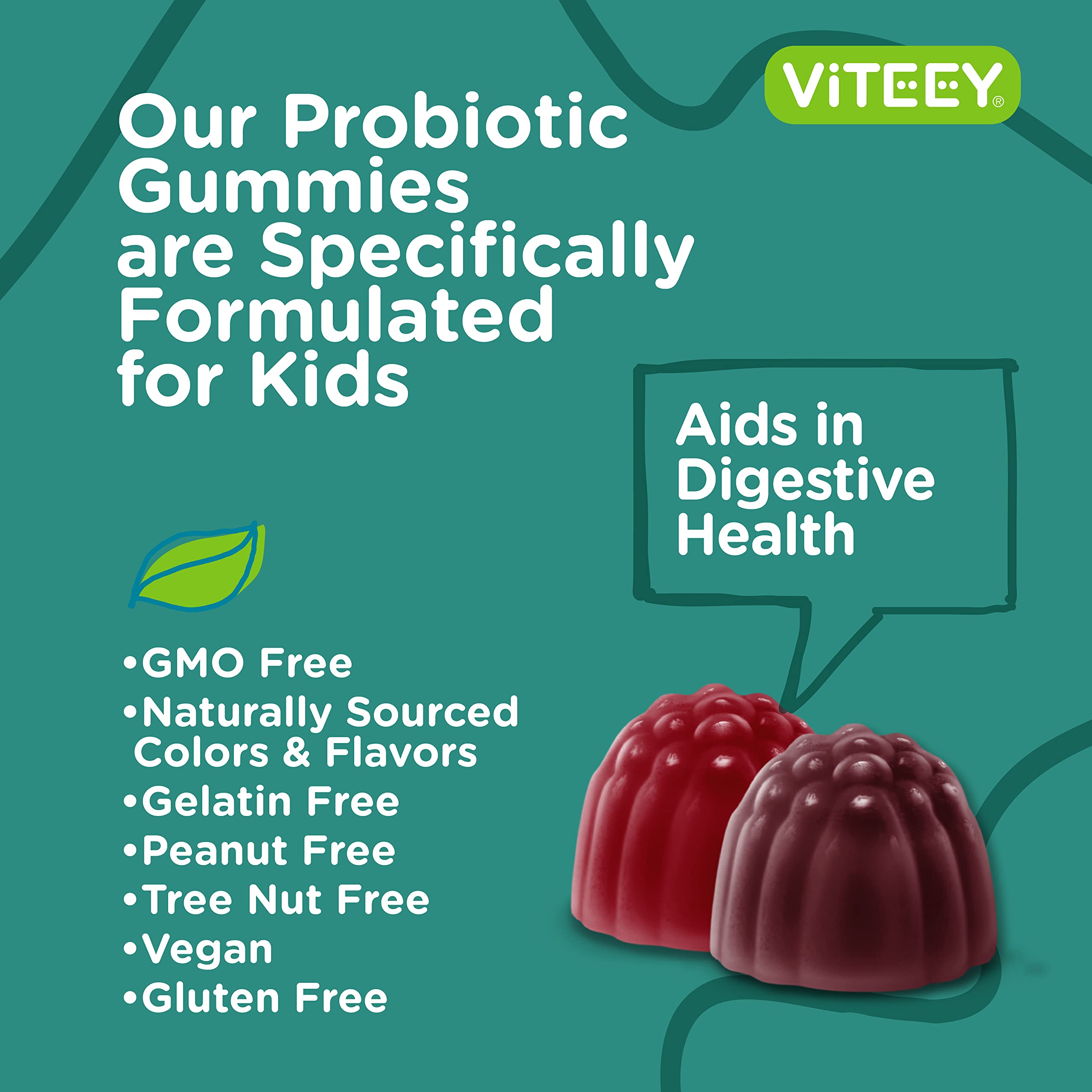 Viteey Probiotic Gummies for Kids Plus Prebiotics Fiber - 2 Billion CFUs - Digestive Health,Gut Health, Constipation Relief for Kids Support - Vegan, Gelatin Free - Chewable Probiotic Berry Flavored