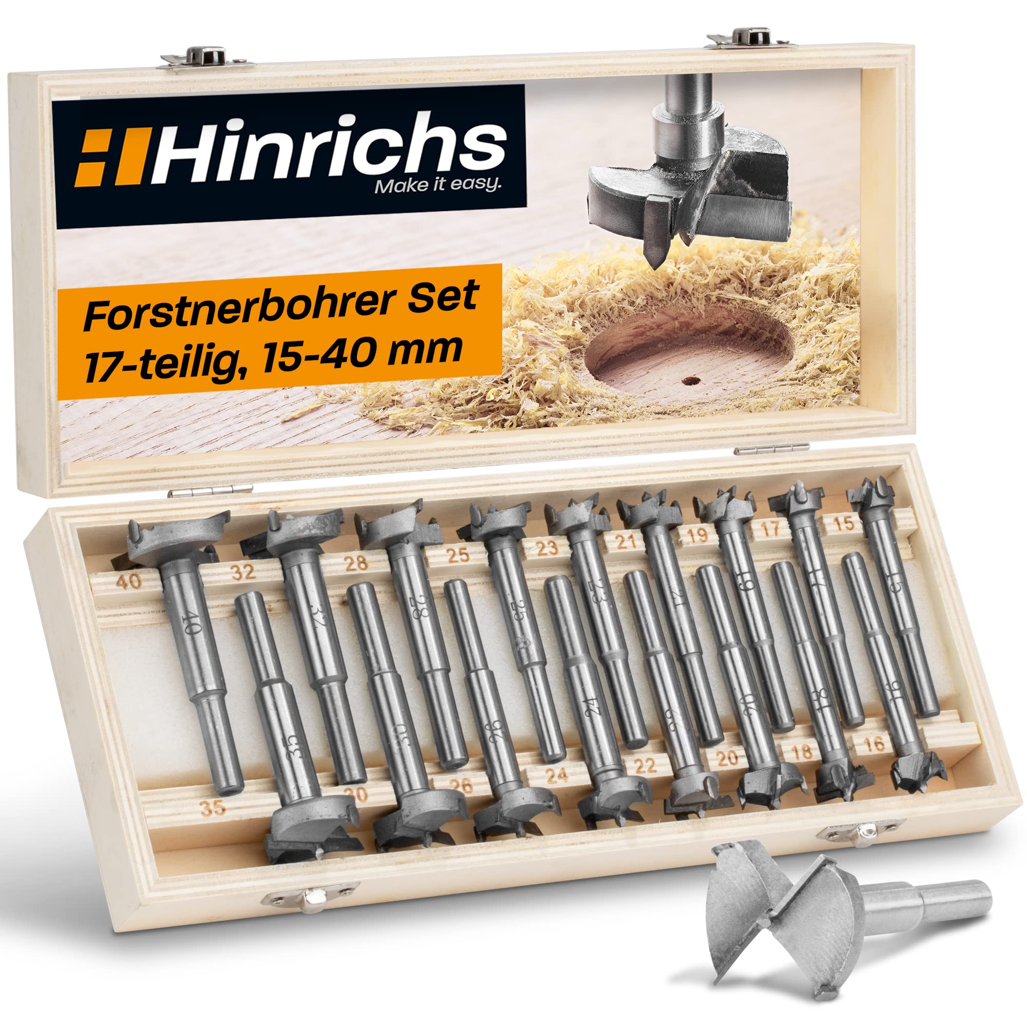 Hinrichs Forstner Bits Set 17 Pieces in wooden case - Forstner Drill Bit Set 15mm to 40mm - Wood drills - Forstner - Forstner Bit Set - Hinge Cutter - Hole Drill Bit - Wood Drills Bits Set