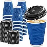 Clawsoff 100 Pack Coffee Cups with Lids 12oz, Disposable Insulated Ripple Wall To Go Paper Coffee Cups for Hot/Cold Drinks Office Home Shop Event (Navy)