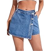 Floerns Women's Button Front High Waisted Denim Skort Casual Asymmetrical Jean Shorts