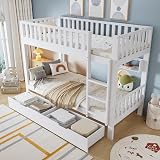 Merax Double Bunk Bed with Ladder Slide 2 Drawers Shelf Pine White 2 x 90x190cm view 4