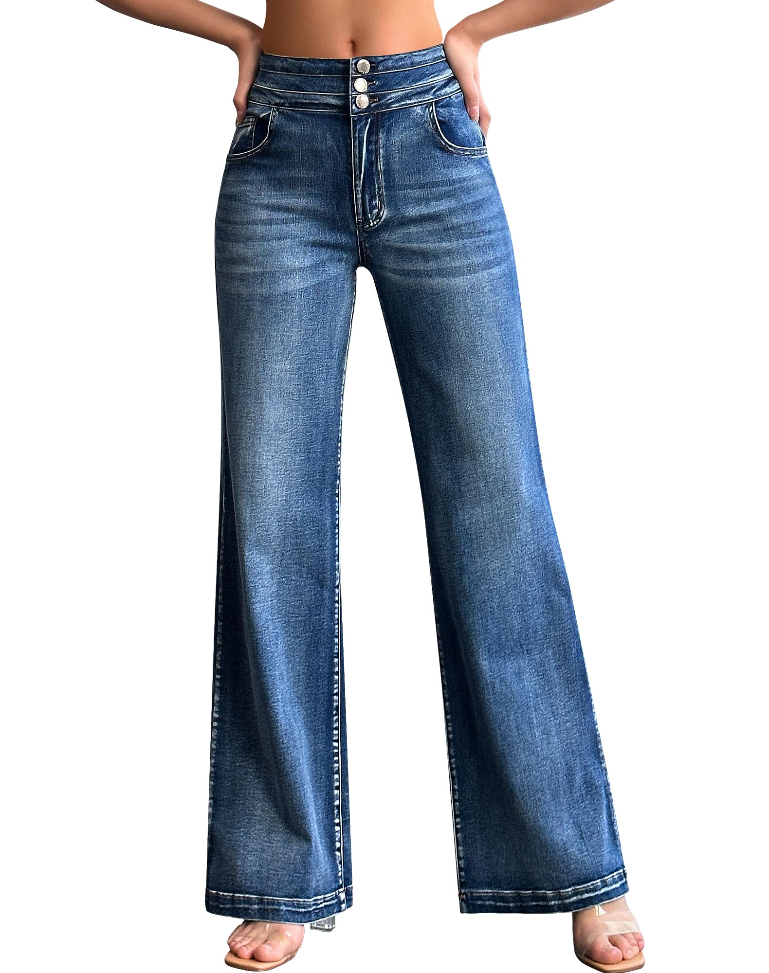 View 1 of (junior size medium) roswear Women’s Wide Leg Jeans Casual High Waisted Stretch Baggy Loose Denim Pants 104 Blue Large