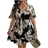 BEAUDRM Women's Plus Size Tropical Dress Ruffle Flowy Boho V Neck Short Sleeve Knot Front Summer Vacation Dresses