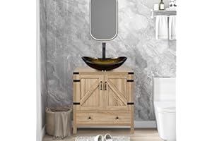 Puluomis 28-inch Bathroom Vanity, Modern Natural Color Wood Fixture Stand Pedestal Bathroom Cabinet with Bathroom Gold Glass Vessel Sink Top