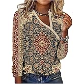 Floerns Women's Boho Floral Graphic Vintage Tees Asymmetric Neck Long Sleeve T Shirts Casual Fall Tops