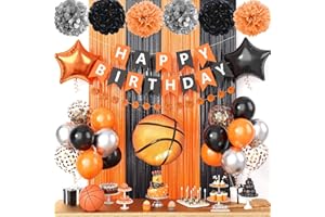 FUNHOT Basketball Party Supplies,Basketball Theme Birthday Decorations,Include Orange Black Balloons Happy Birthday Banner Fringe Curtain Tissue Paper Pompoms Garland