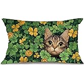 GEEORY St.Patrick's Day Pillow Cover 12x20 Inch - Shamrock Cat Gold Coins Decor, Farmhouse Holiday Green Themed Pillow Case Gift for Home Sofa Couch