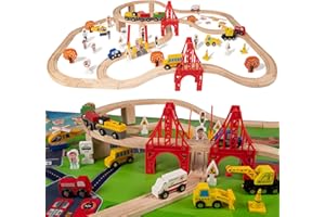 KiToyWod 100 Pcs Wooden Train Track Set, Toy Train with Tracks for Kids Ages 3-10, Compatible with Major Brands, Railway Playset for Boys and Girls Birthday Gift