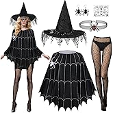 BOARDFEB 6 Pcs Black Spiderweb Costume Accessories, Spider Web Poncho Spider Web Stockings Necklace Earrings Witch Hat Halloween Costume for Women