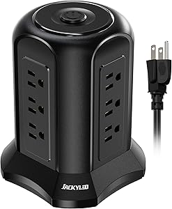 10 Ft Surge Protector Power Strip Tower, JACKYLED 12 Wide Spaced AC Outlets Desktop Heavy Duty Extension Cord, Fireproof Electrical Power Cord for Home Office Dorm RV Entertainment Appliances, Black